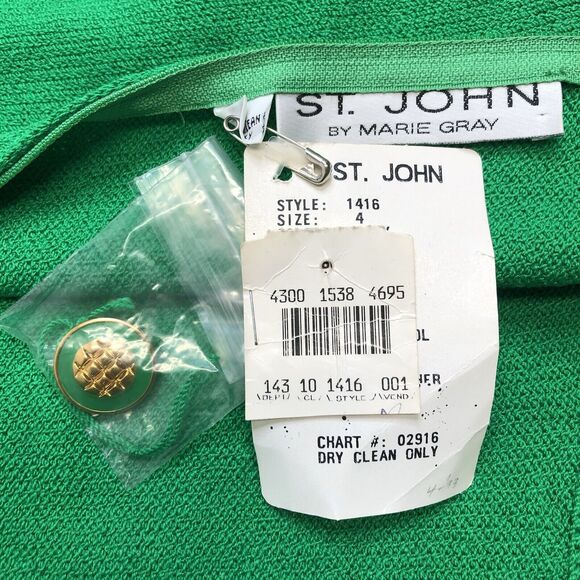 ST. JOHN Kelly Green Knit Wool Sheath Dress Size 4 Gold Buttons Vintage - Picture 3 of 11